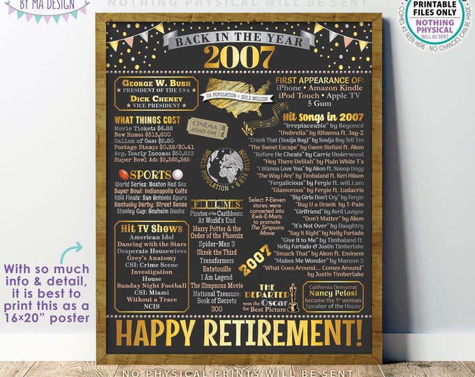 Back in the Year 2007 Retirement Party Poster Board, Flashback to 2007 Sign, PRINTABLE 16x20” Retirement Party Decoration <ID>
