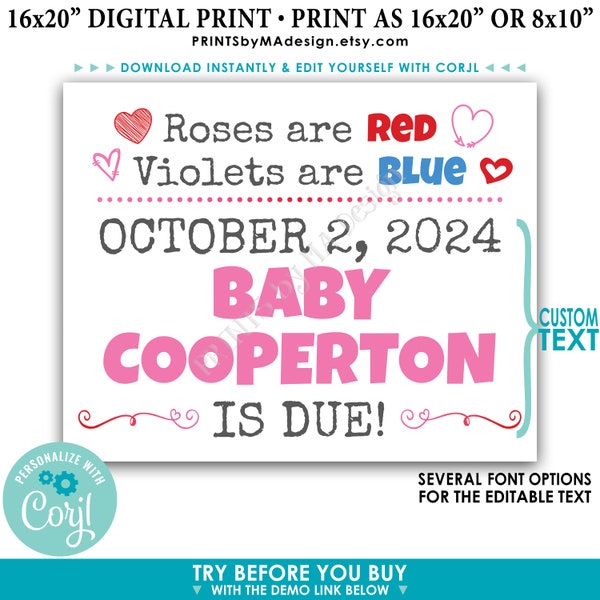 Valentine's Day Pregnancy Announcement, Roses are Red Violets are Blue, Custom PRINTABLE 8x10/16x20” Baby Due Sign <Edit Yourself w/Corjl>