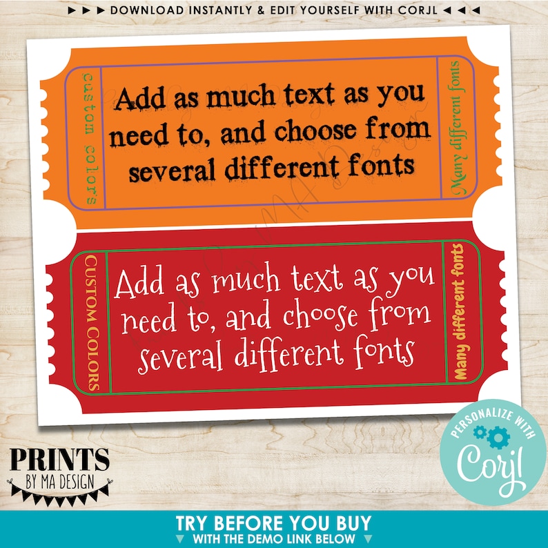 Puede incluir: Dos plantillas imprimibles en forma de boleto con el texto "A&ntilde;ade todo el texto que necesites y elige entre varias fuentes diferentes". Las plantillas son de color rojo y naranja con bordes verdes y azules. El texto "CUSTOM COLORS" est&aacute; en el lado izquierdo de cada plantilla.