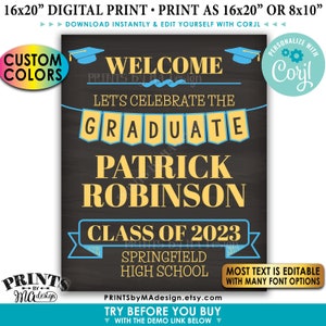 May include: A black chalkboard style graduation sign with blue and yellow accents. The sign says "Let's Celebrate the Graduate Patrick Robinson Class of 2023 Springfield High School".