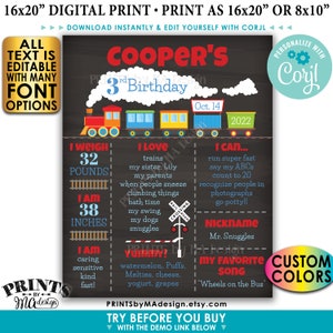 May include: A printable chalkboard style birthday sign for a boy's 3rd birthday. The sign features a train theme with a red, yellow, and blue train engine and cars. The sign is personalized with the name "Cooper's" and includes details like weight, height, favorite foods, and a favorite song. The sign is customizable with different colors.