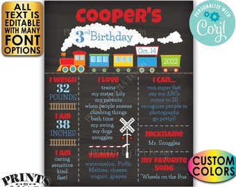 Train Birthday Poster, Train Theme Bday Board, Yearly Stats Milestones, Custom PRINTABLE Chalkboard Style Sign <Edit Yourself with Corjl>