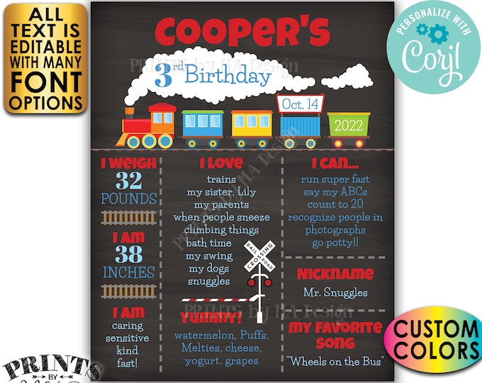 Train Birthday Poster, Train Theme Bday Board, Yearly Stats Milestones, Custom PRINTABLE Chalkboard Style Sign <Edit Yourself with Corjl>