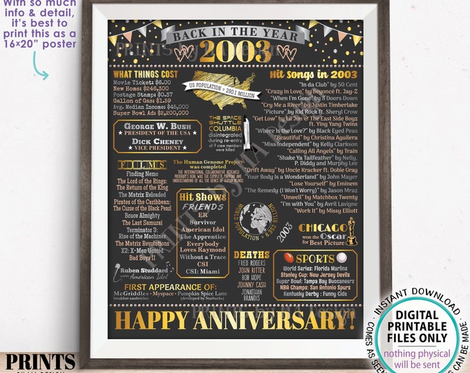 Back in the Year 2003 Anniversary Sign, Flashback to 2003 Anniversary Decor, Anniversary Gift, PRINTABLE 16x20” Poster Board <ID>