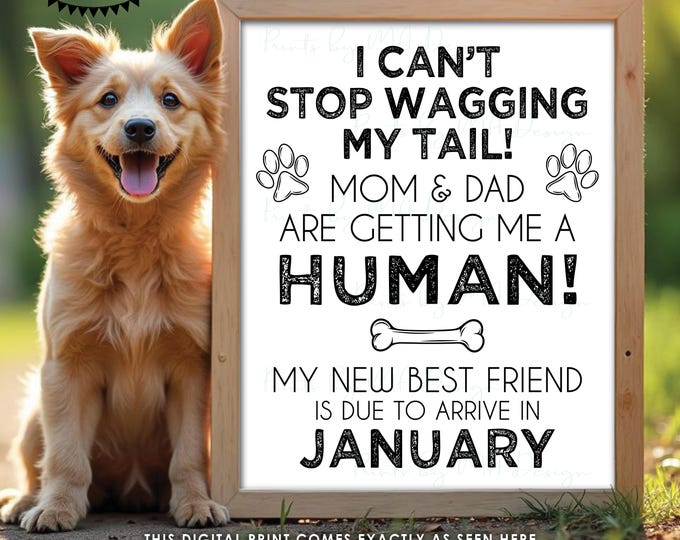 Dog Pregnancy Announcement, Mom & Dad are Getting Me a Human, New Best Friend is Due in JANUARY Dated PRINTABLE Baby Reveal Sign <ID>