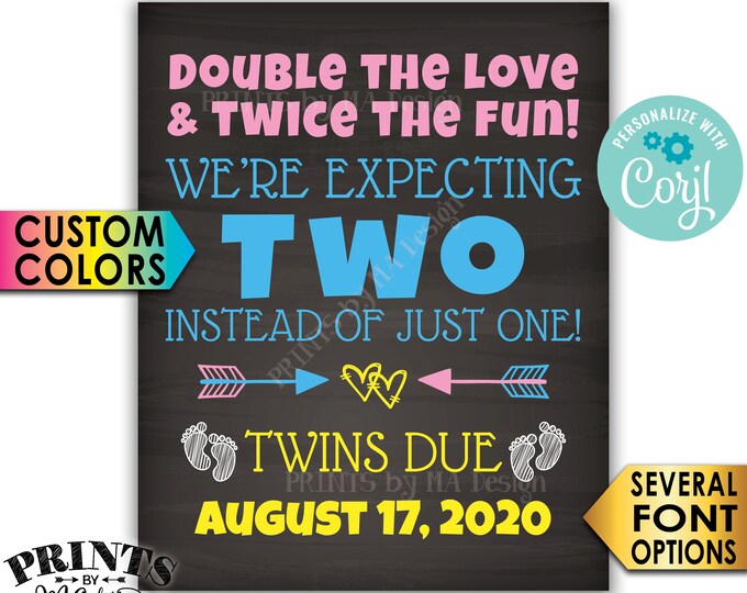 Twins Pregnancy Announcement, Double the Love & Twice the Fun, PRINTABLE 8x10/16x20” Chalkboard Style Twins Sign <Edit Yourself with Corjl>