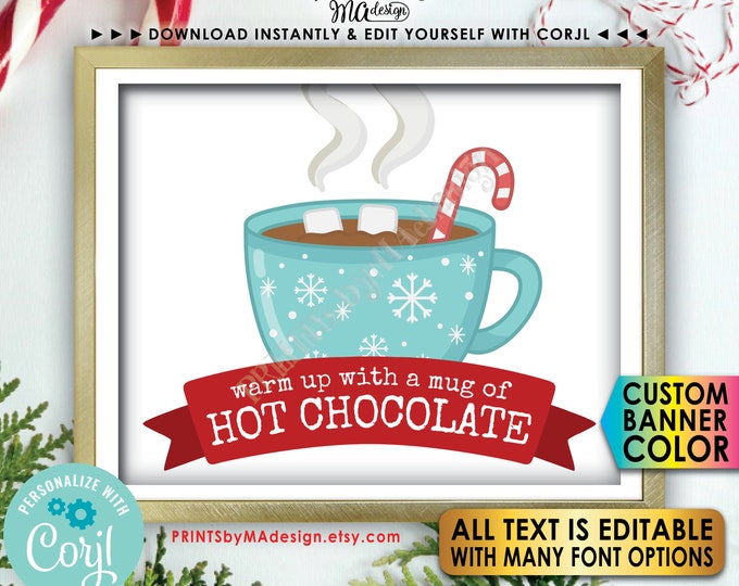 Hot Chocolate Sign, Mug of Hot Cocoa, Candy Cane, Custom PRINTABLE 8x10/16x20” Hot Beverage Station Sign <Edit Yourself with Corjl>