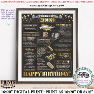 Back in the Year 2008 Birthday Sign, Flashback to 2008 Poster Board, ‘08 B-day Gift, Bday Decoration, PRINTABLE 16x20” Sign &lt;ID&gt;