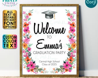 Floral Graduation Party Welcome Sign, Pink & Orange Flowers, Custom PRINTABLE 8x10/16x20” Grad Party Decoration <Edit Yourself w/Corjl>