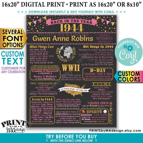 Back in 1944 Birthday Poster - Etsy UK