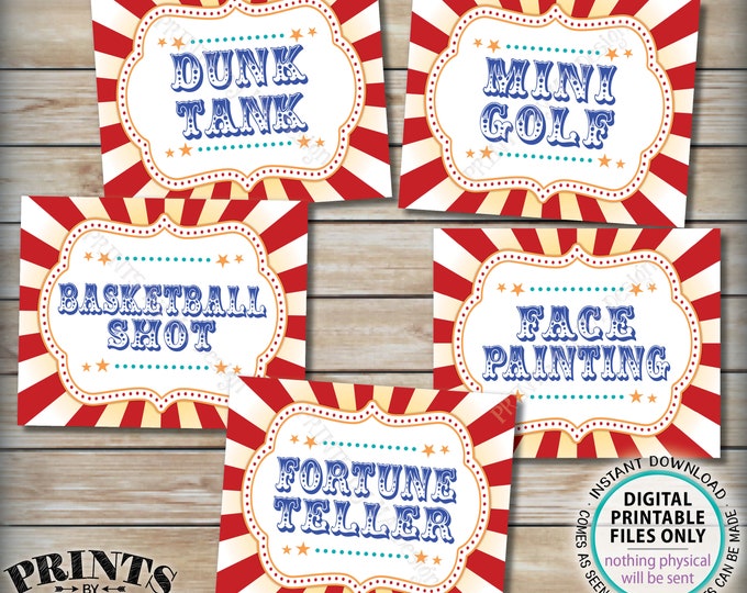 Carnival Games Signs, Carnival Activities, Circus Party, Dunk Mini Golf Basketball Fortune Teller, PRINTABLE 8x10/16x20” Carnival Signs <ID>