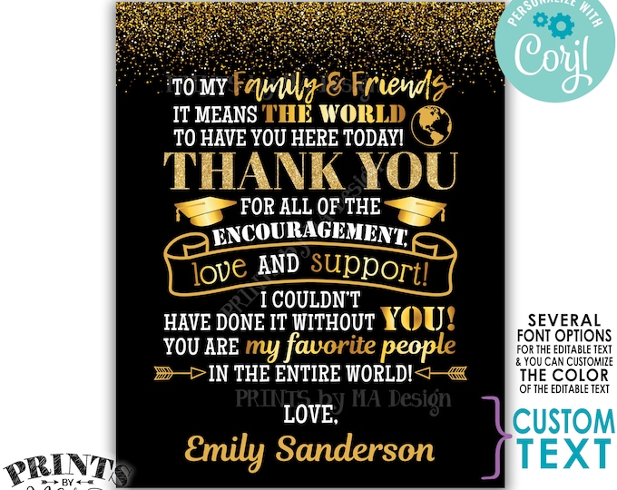 Editable Graduation Party Thank You Sign, Thanks from the Graduate, Custom PRINTABLE Gold Glitter Grad Decoration <Edit Yourself w/Corjl>