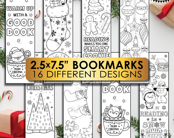 Christmas Bookmarks, Coloring Activities for Kids, Color Your Own Sixteen 2.5x7.5" Bookmarks on 8.5x11" Digital PRINTABLE Files <ID>