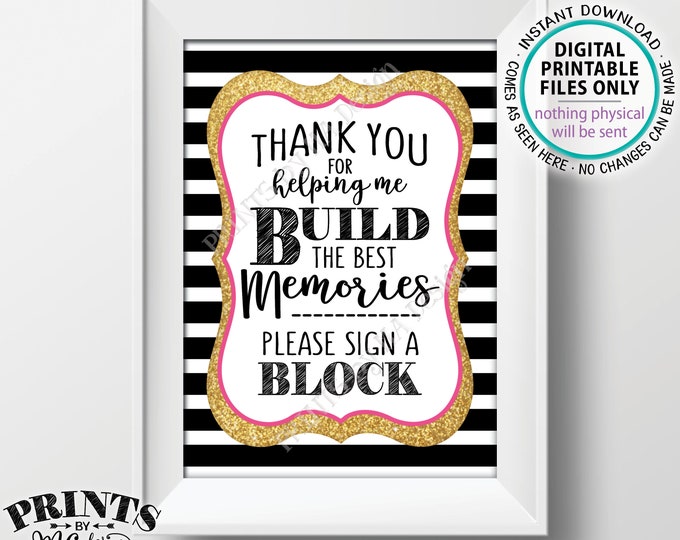 Sign a Block Sign, Thank You for Helping Me Build Memories, Graduation Party, Retirement, Bon Voyage, Black/Gold/Pink PRINTABLE 5x7” <ID>