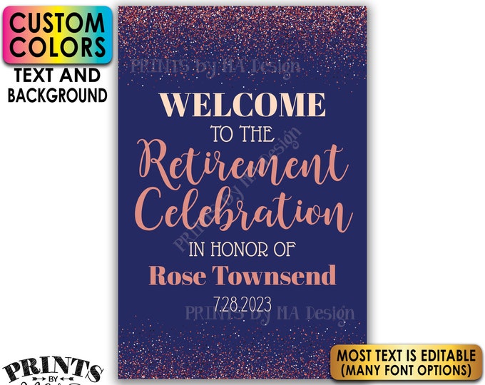 Retirement Party Sign, Welcome to the Retirement Celebration, Rose Gold Glitter, Custom PRINTABLE 24x36” Sign <Edit Yourself with Corjl>