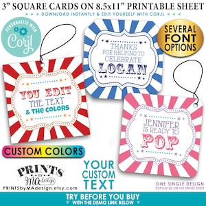 Tags modifiables de carnaval, fête sur le thème du cirque, cartes vierges de 3", texte au choix, fichier numérique imprimable 8,5 x 11" personnalisé <modifier vous-même avec Corjl>