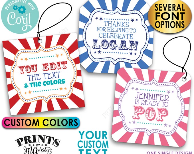 Editable Carnival Tags, Circus Themed Party, Blank 3" Cards, Choose Text, Custom Digital PRINTABLE 8.5x11" File <Edit Yourself w/Corjl>