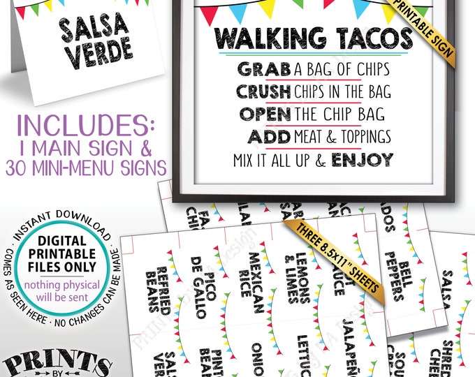 Walking Tacos Sign and Labels, Build Your Own Taco Buffet, Taco Bar Station, Mexican Fiesta, PRINTABLE 8x10" Sign & 2x3.5" Menu Labels <ID>