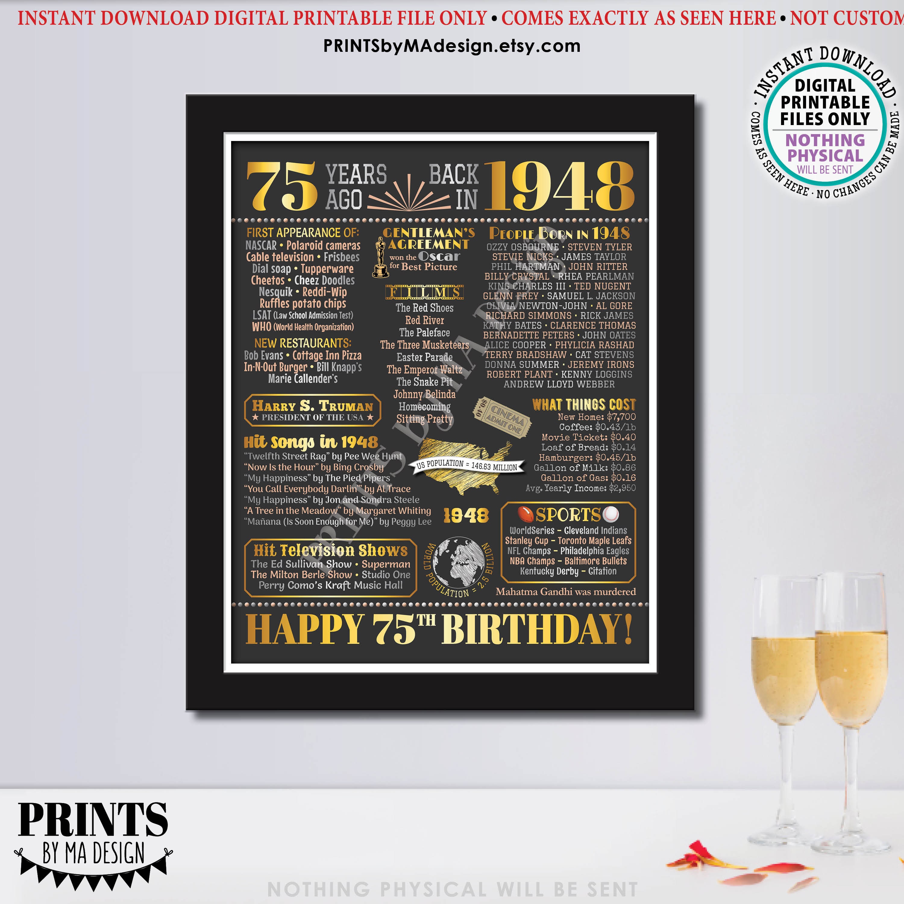 75th Birthday Poster Board, Born in the Year 1948 Flashback 75 Years ...