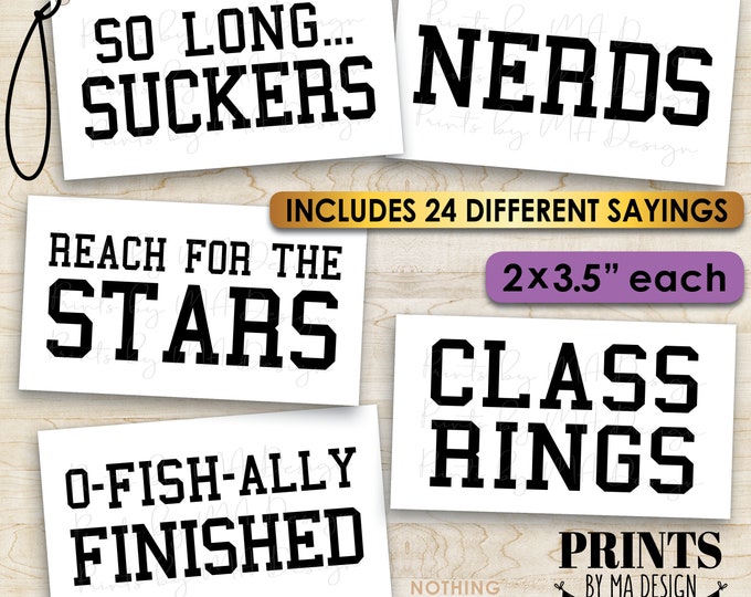 Graduation Party Candy Signs, Candy Bar Buffet, Smartie Cookie Class Ring Nerds Worms, 24 2x3.5" cards on PRINTABLE 8.5x11" Sheets <ID>