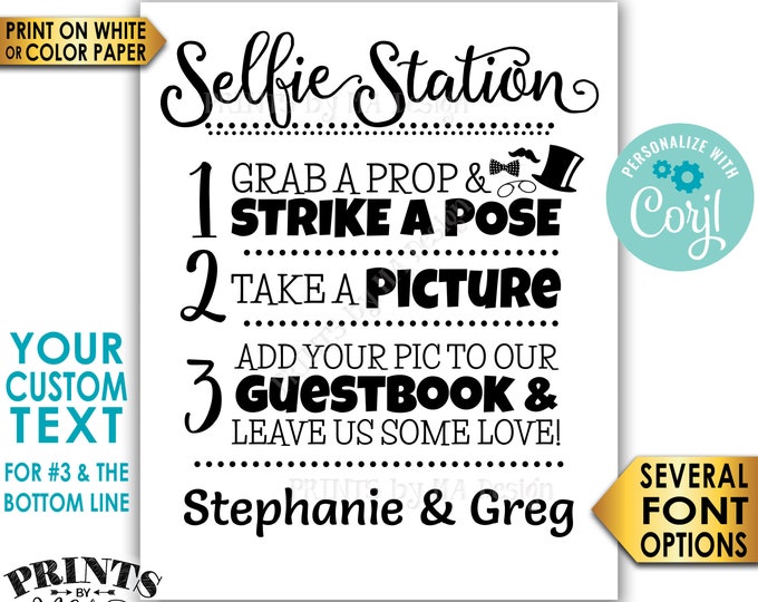 Selfie Station Sign, Custom Step Number 3 and Bottom Line of Text, PRINTABLE 8x10/16x20” Black and White Sign <Edit Yourself with Corjl>