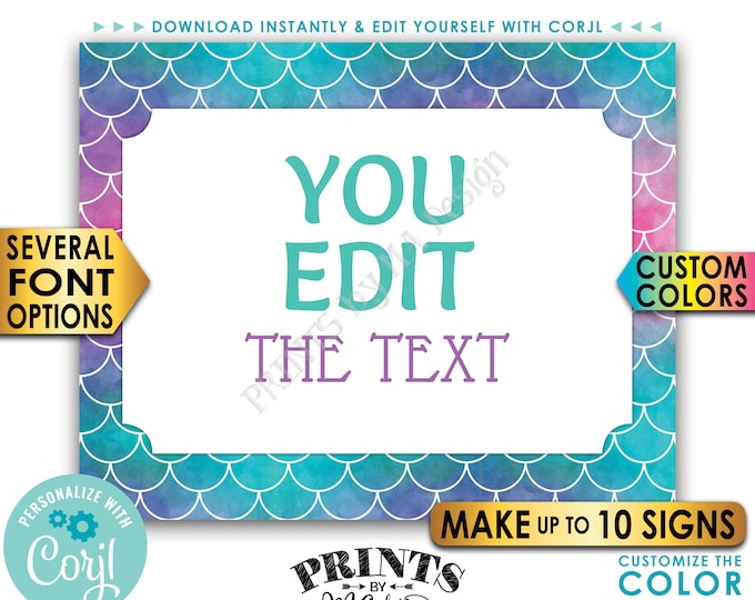 Custom Mermaid Signs, Choose Your Text Mermaid Party, Up to 10 PRINTABLE 8x10/16x20" Landscape Mermaid Signs <Edit Yourself with Corjl>