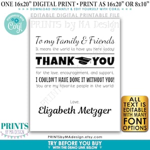 May include: A black and white printable digital sign with the text "To my Family & Friends It means the world to have you here today! THANK YOU for the love, encouragement, and support. I couldn't have done it without you! You are my favorite people in the world! Love, Elizabeth Metzger" and a graduation cap graphic. The sign is 40.64cm x 50.8cm and is editable with Corjl.