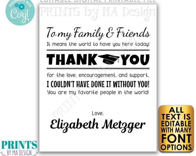 Editable Graduation Thank You Sign, Thanks from the Grad Poster, Custom PRINTABLE B&W Graduation Party Decoration <Edit Yourself with Corjl>