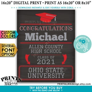 May include: A black and red graduation sign with the text "Congratulations Michael Allen County High School Class of 2021 Ohio State University". The sign is decorated with a graduation cap and a red arrow.