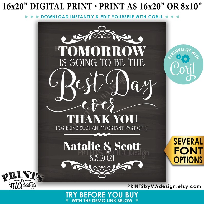 Puede incluir: Un cartel digital imprimible con fondo de pizarra y texto blanco que dice "Ma&ntilde;ana ser&aacute; el mejor d&iacute;a de todos. Gracias por ser una parte tan importante de todo esto. Natalie & Scott 8.5.2021". El cartel est&aacute; decorado con un dise&ntilde;o floral blanco y un logotipo "Corjl" personalizado.