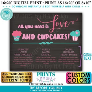 Cupcake-Menü-Zeichen, Hochzeitstorte-Aromen, PRINTABLE 8x10/16x20 Zoll Tafel-Stil-Hochzeits-Dessert-Display <Bearbeiten Sie sich mit Corjl>