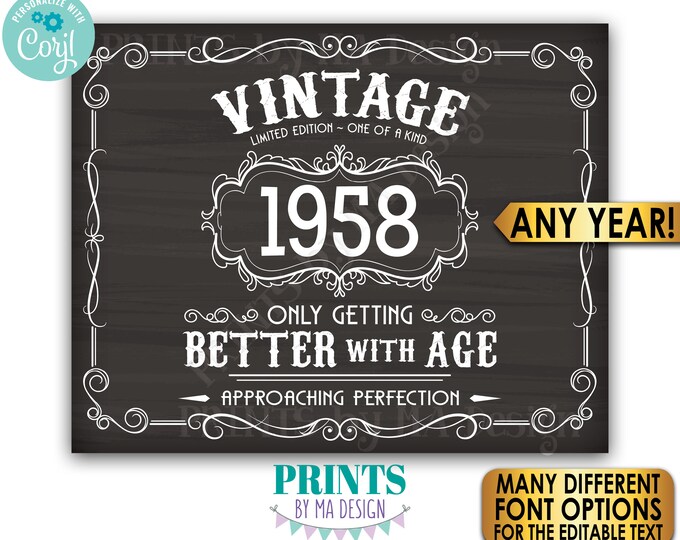 Vintage Better with Age Birthday Party, Custom Year, PRINTABLE Chalkboard Style 8x10/16x20” Landscape Sign <Edit Yourself with Corjl>