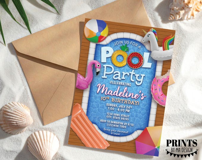 Pool Party Invitation, Birthday Invite, PRINTABLE 5x7" Bday Invite, Unicorn, Flamingo, Pool Floats, Digital File