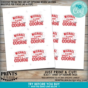 One Smart Cookie Tags/Cards/Labels, Graduation Party Favors, Custom 3 Squares on a 8.5x11 Digital PRINTABLE File Edit Yourself w/Corjl image 2