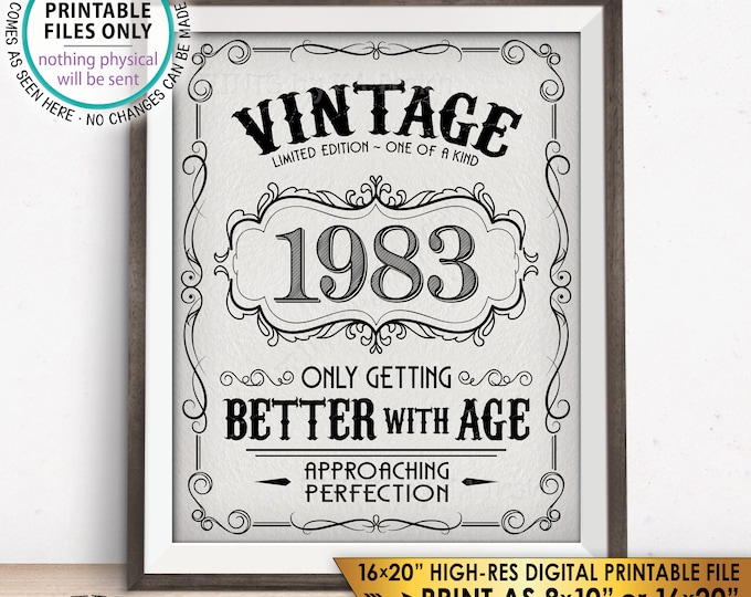 1983 Birthday Sign, Better with Age Vintage Birthday Poster, Aged to Perfection, Textured Style PRINTABLE 8x10/16x20” Instant Download Sign