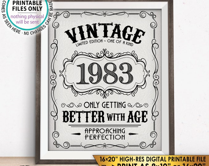 1983 Birthday Sign, Better with Age Vintage Birthday Poster, Aged to Perfection, Textured Style PRINTABLE 8x10/16x20” Instant Download Sign