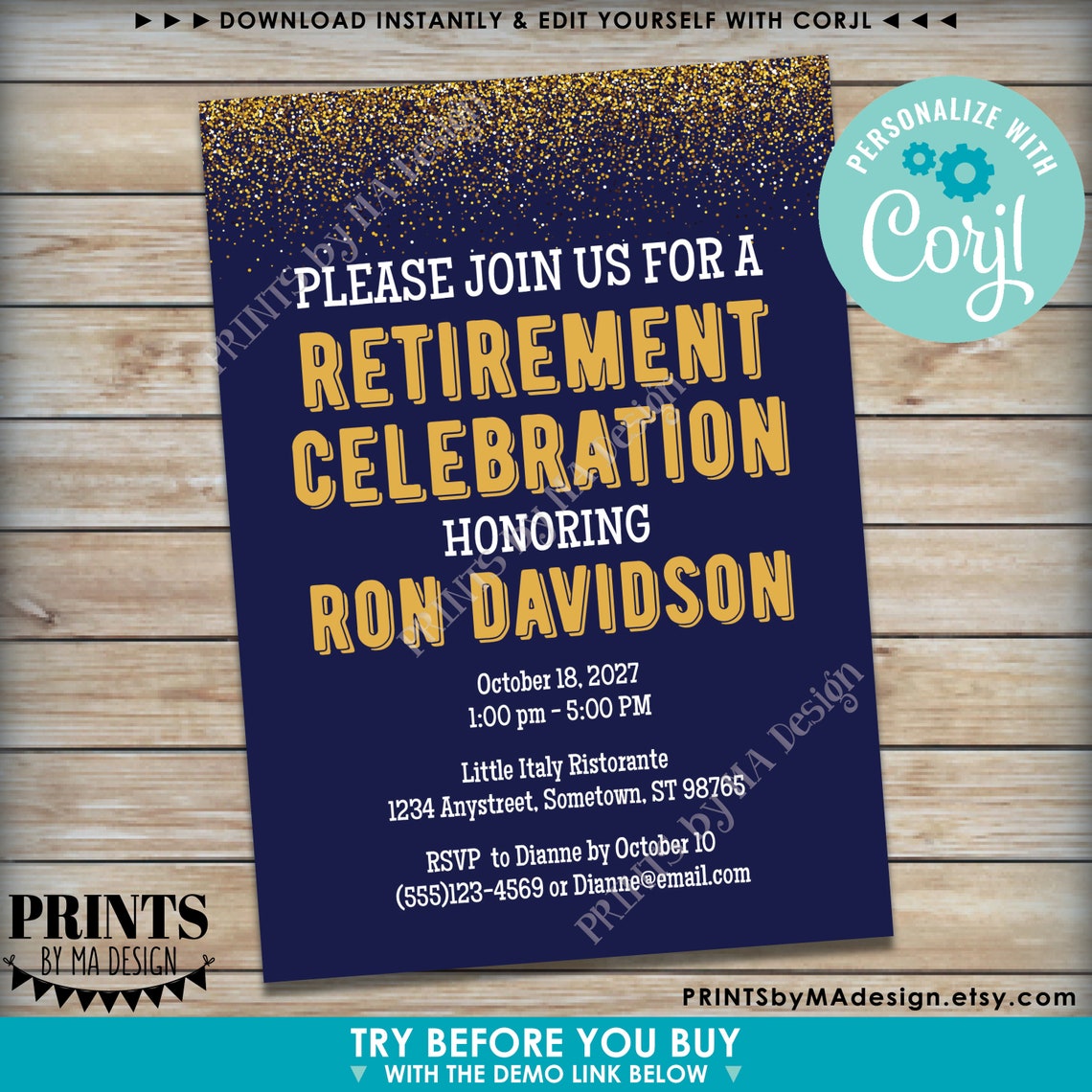 Editable Retirement Celebration Invite Gold Glitter Custom Etsy