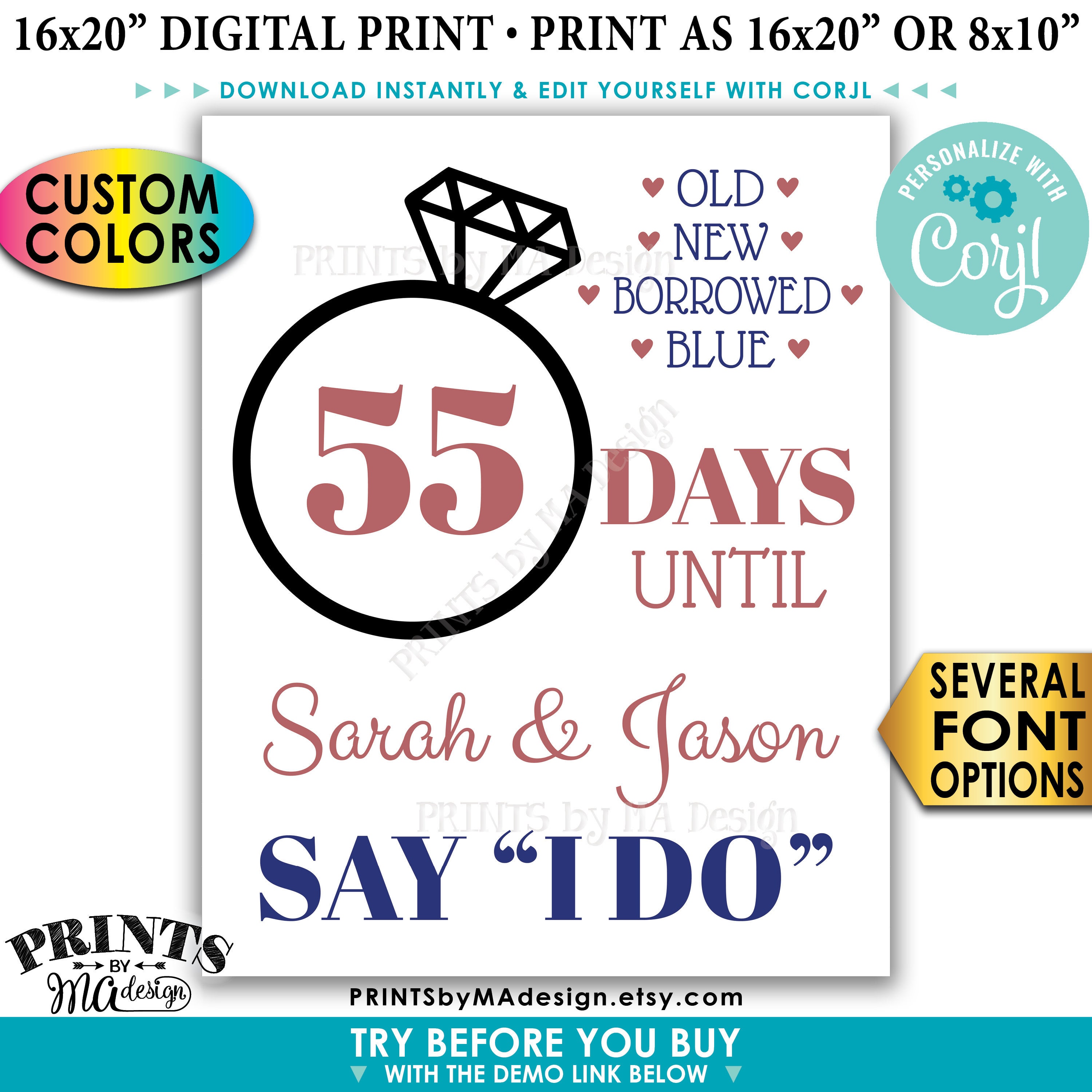 Wedding Countdown Sign, Days Until They Say I Do, Bridal Shower, Engagement Party, PRINTABLE
