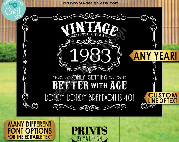 Vintage Birthday Sign, Better with Age Liquor Themed Bday Party, One Custom PRINTABLE 18x24” Sign, Black Background <Edit Yourself w/Corjl>