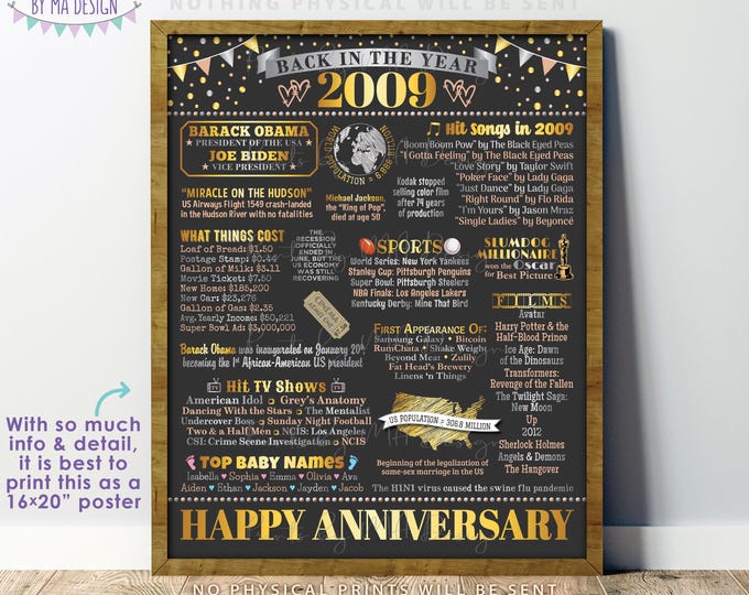 Back in the Year 2009 Anniversary Sign, Flashback to 2009 Anniversary Decor, Anniversary Gift, PRINTABLE 16x20 ” Poster Board <ID>