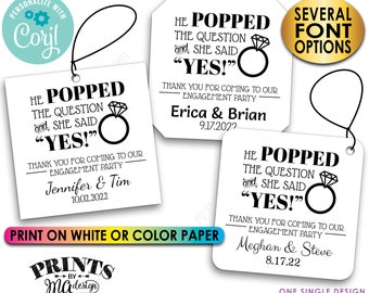 Engagement Party Tags, He Popped the Question & She Said Yes, Custom 3" Square Cards on PRINTABLE 8.5x11" File <Edit Yourself with Corjl>