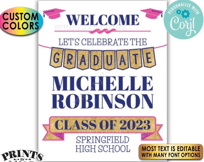 Graduation Party Welcome Sign, Gold Glitter, Custom PRINTABLE 8x10/16x20” Grad Party Decoration <Edit Yourself with Corjl>