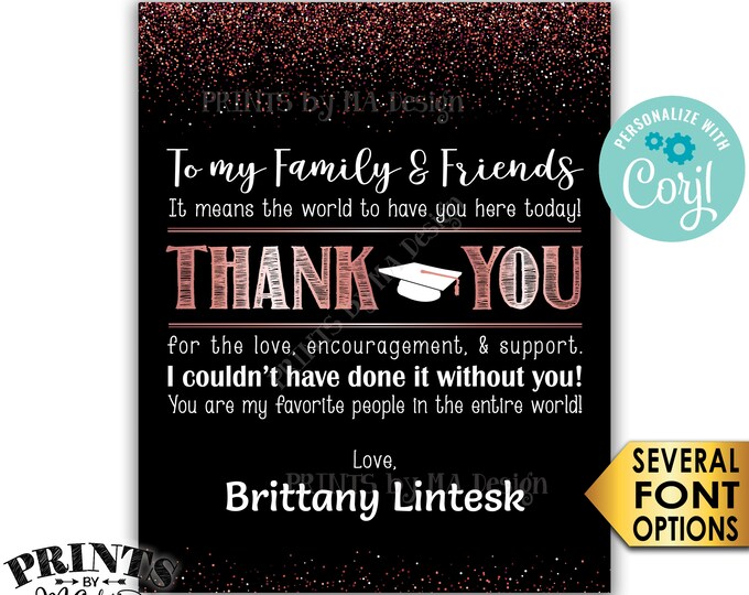 Graduation Thank You Sign, PRINTABLE 8x10/16x20” Black & Rose Gold Glitter Graduation Party Decoration <Edit Yourself with Corjl>