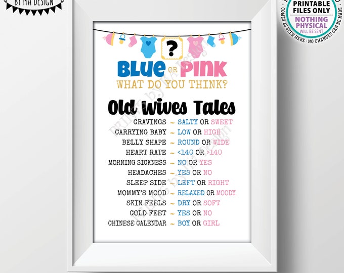 Old Wives Tales Gender Reveal Party Game, Blue or Pink What Do You Think?, Boy or Girl, Baby Shower Game, PRINTABLE 5x7” Card <ID>