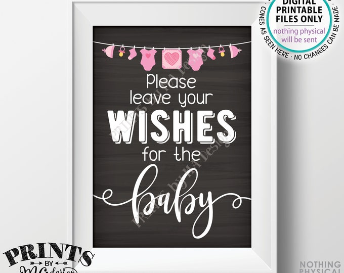 Wishes for Baby Shower Sign, Please Leave your Wishes for the Baby, It's a Girl Pink Clothesline, PRINTABLE Chalkboard Style 5x7" Sign <ID>