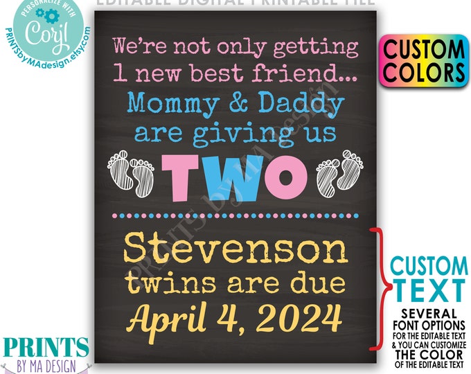 Twins Pregnancy Announcement, We're Getting Two New Best Friends, PRINTABLE 8x10/16x20” Chalkboard Style Twins Sign <Edit Yourself w/Corjl>