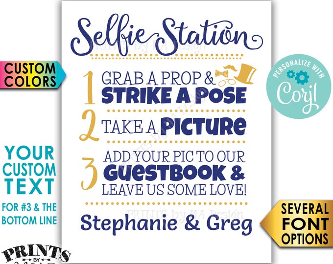 Selfie Station Sign, Custom Step Number 3 and Bottom Line of Text, Custom Colors, PRINTABLE 8x10/16x20” Sign <Edit Yourself with Corjl>