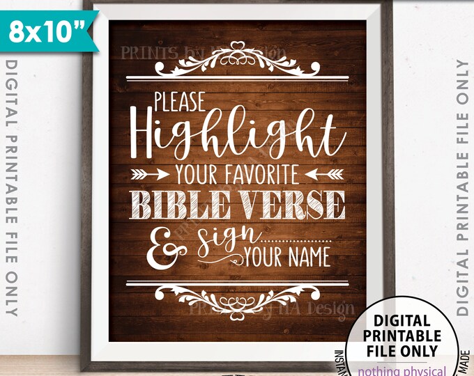 Highlight Your Favorite Bible Verse and Sign Your Name Wedding Sign, Sign our Bible, 8x10” Rustic Wood Style Printable Instant Download Sign