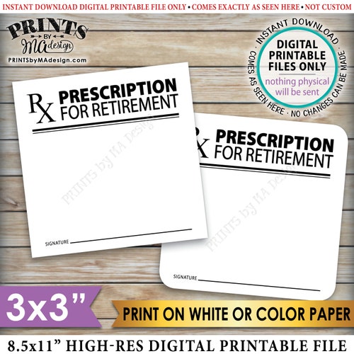 Please Leave Your Prescription for Retirement RX, Medical Nurse Doctor, Funny, Bucket List, PRINTABLE 8.5x11" sheet of 3" Advice Cards <ID>
