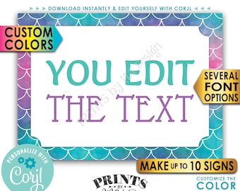 Custom Mermaid Signs, Choose Your Text Mermaid Party, Create Up to 10 PRINTABLE 5x7" Landscape Mermaid Signs <Edit Yourself with Corjl>
